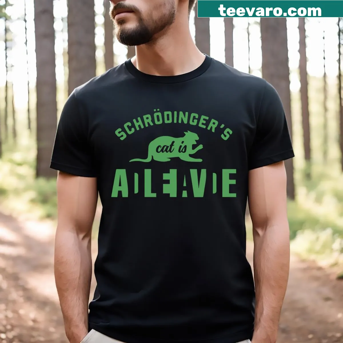 Science-themed t-shirt featuring Schrödinger's cat paradox design — on a men's t-shirt