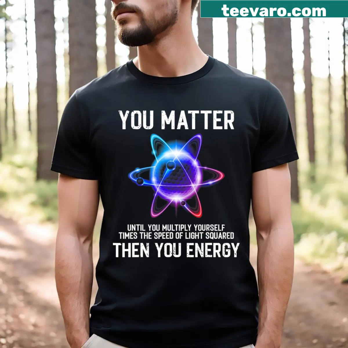 Funny physics-themed T-shirt with humorous science joke — on a men's t-shirt