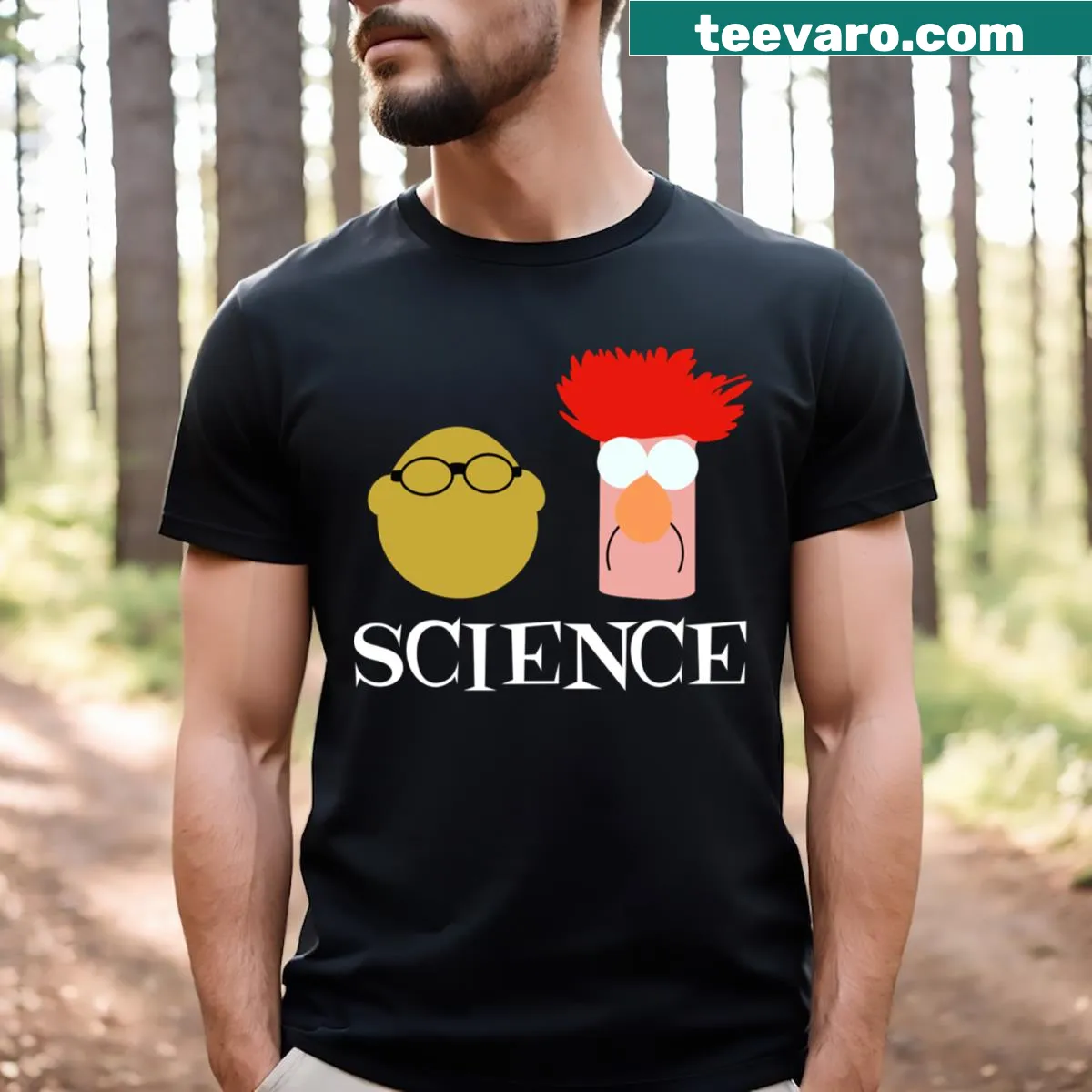 Cute science-themed t-shirt featuring Bunsen and Beaker illustrations — on a men's t-shirt