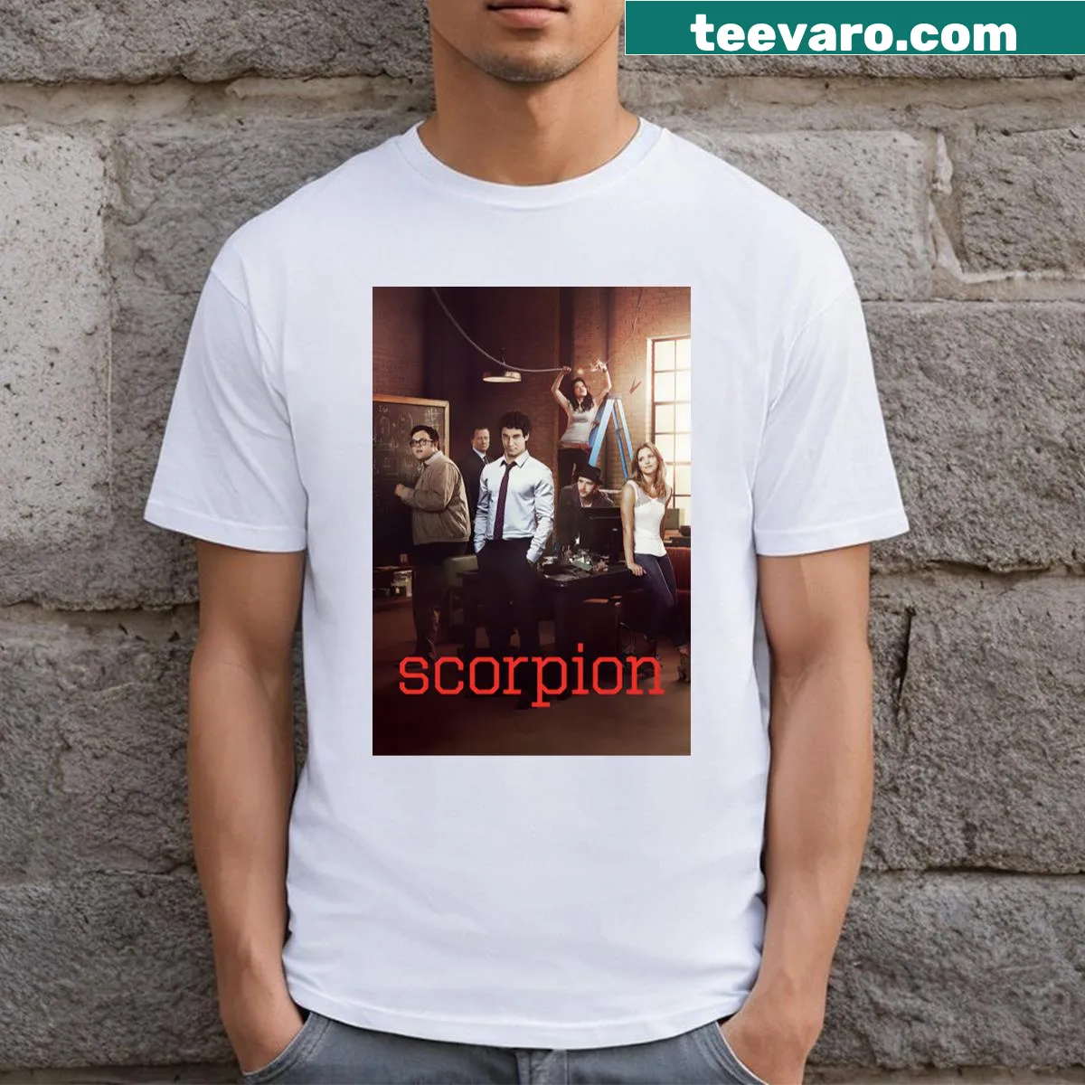Minimalist scorpion t-shirt design — on a men's t-shirt
