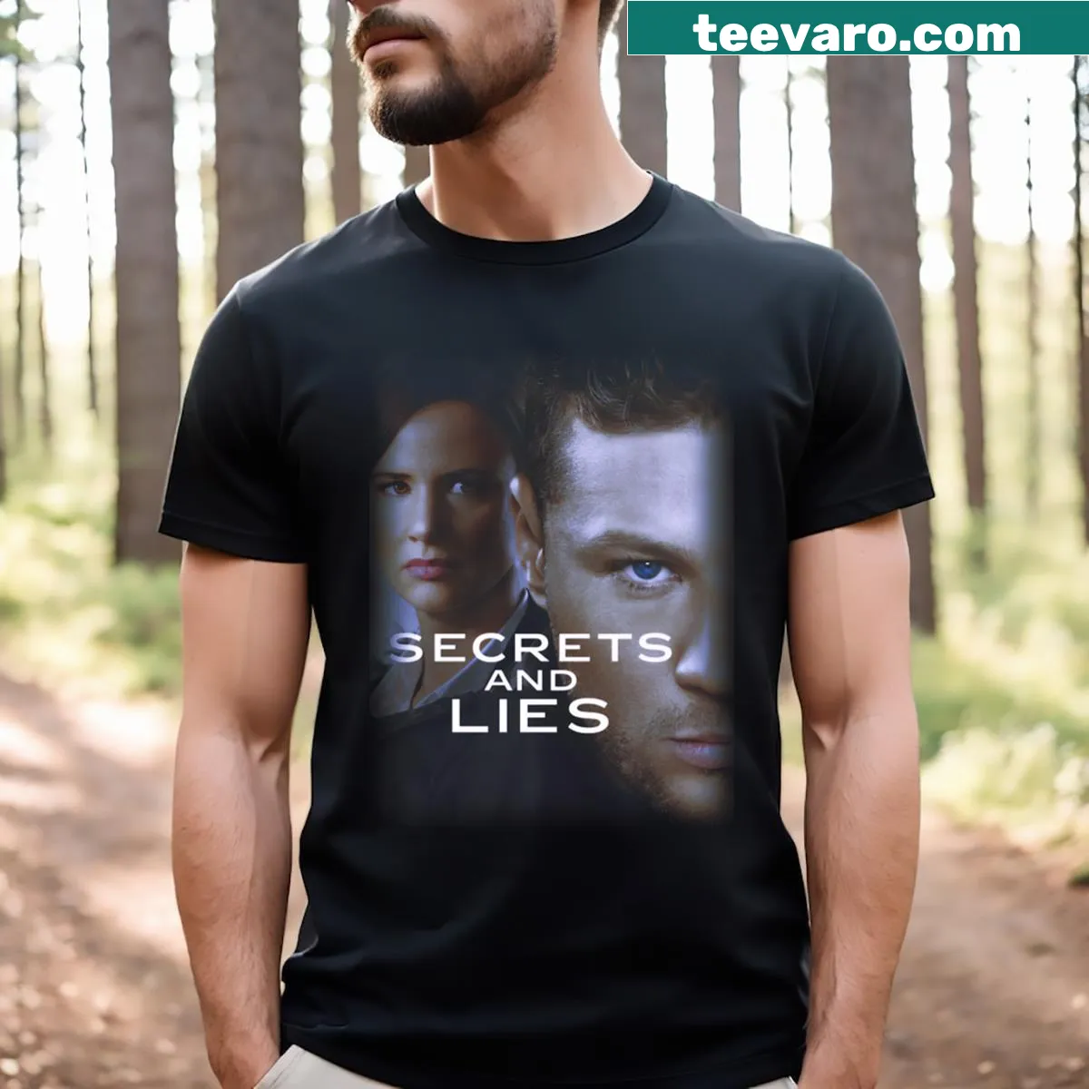 Playful T-shirt with humorous saying about secrets and lies — on a men's t-shirt