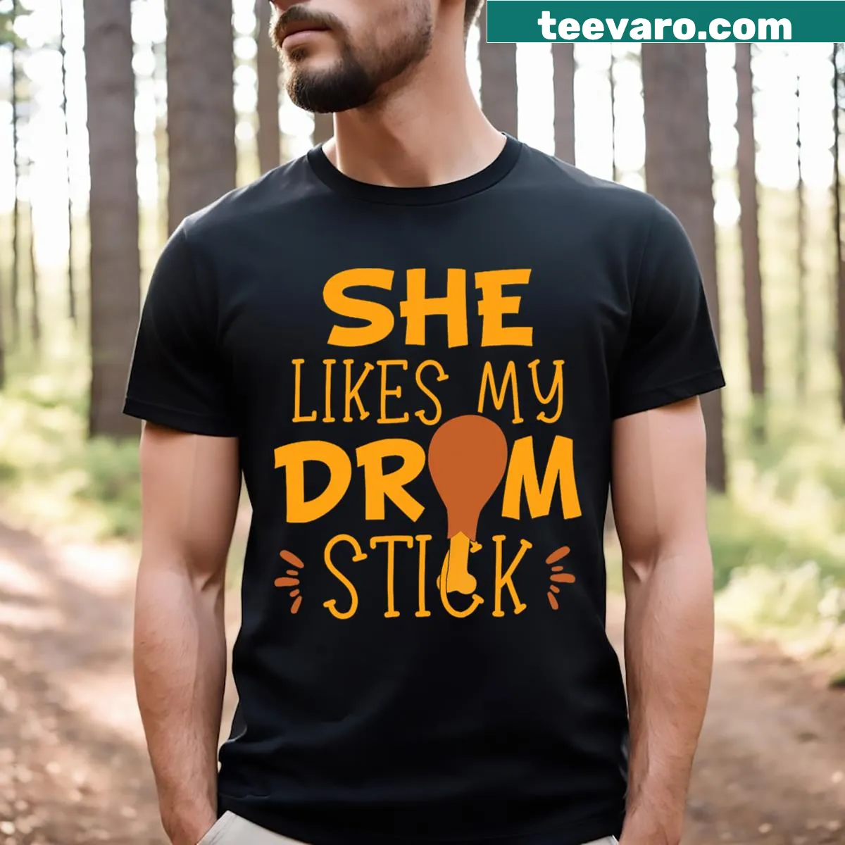 Funny couple matching Thanksgiving tees with humorous text — on a men's t-shirt