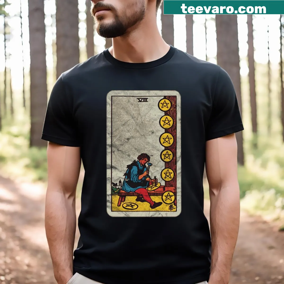 Distressed design of Tarot Card Eight of Pentacles on a t-shirt. — on a men's t-shirt