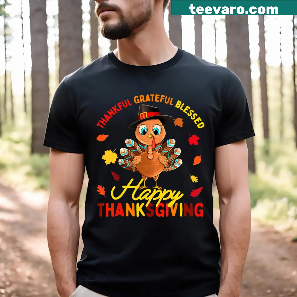 Thanksgiving T-shirt for girls with turkey and 'Thankful Grateful Blessed' text — on a men's t-shirt