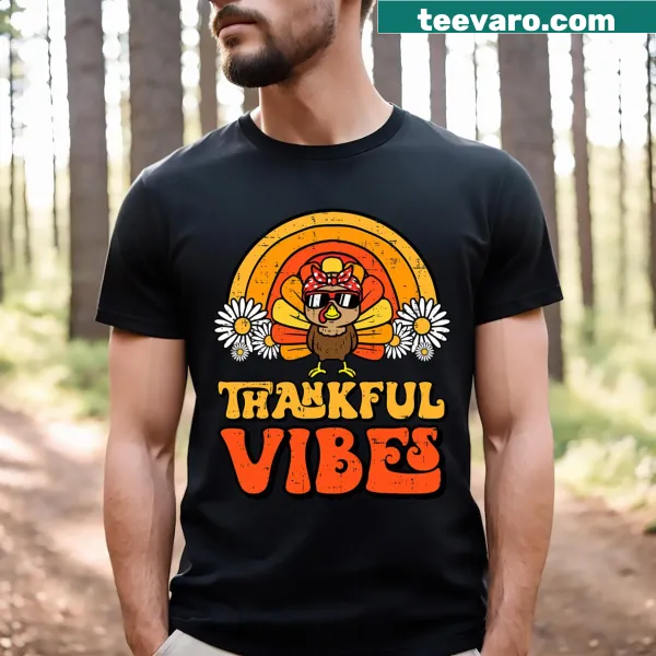 Retro Thanksgiving T-shirt with a cute turkey and rainbow saying 'Thankful Vibes'