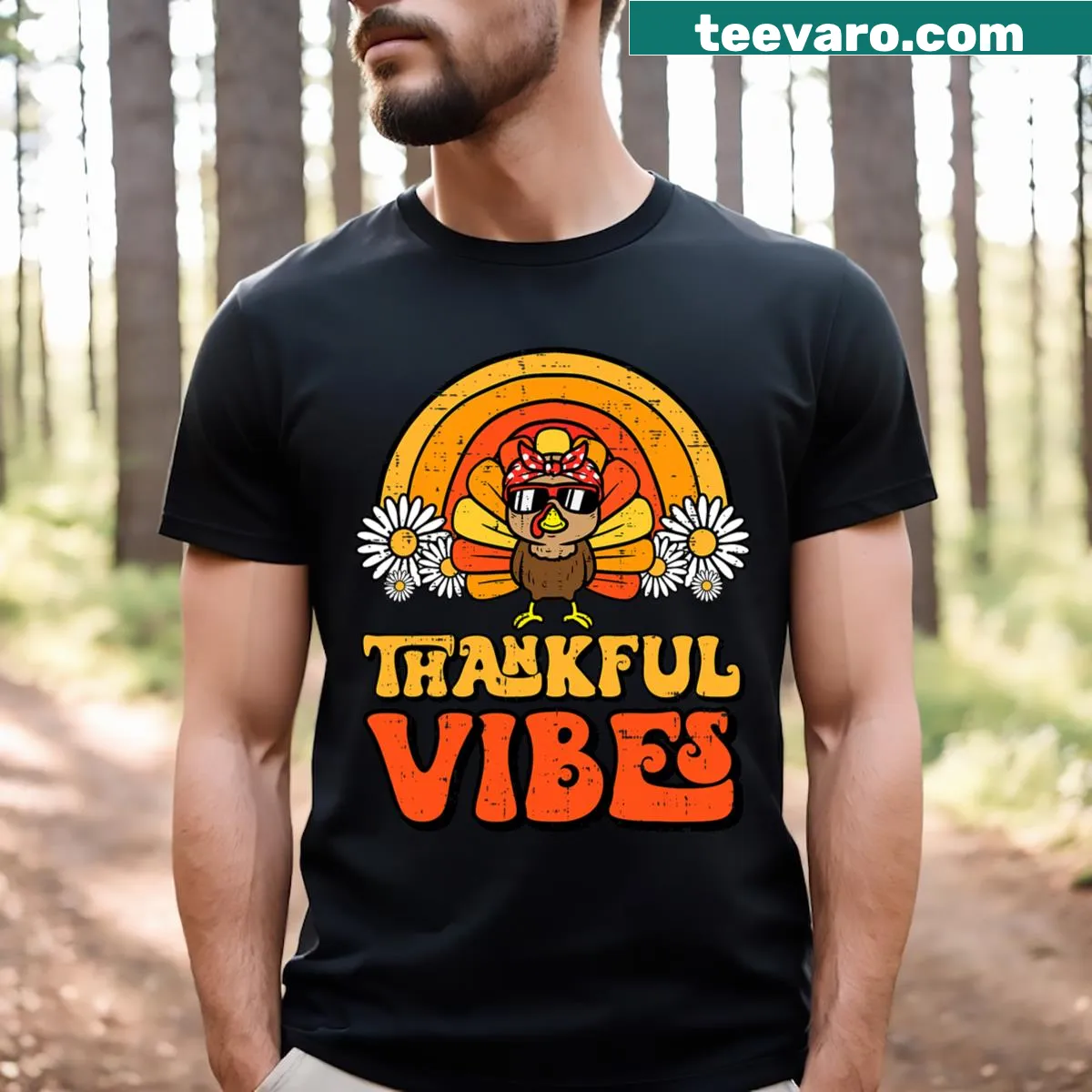 Retro Thanksgiving T-shirt with a cute turkey and rainbow saying 'Thankful Vibes' — on a men's t-shirt