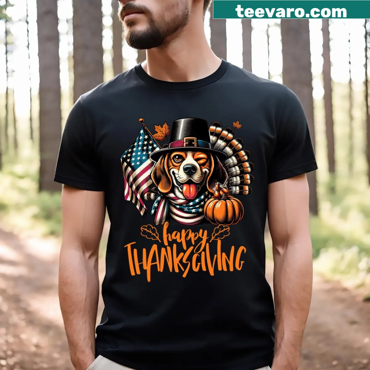 Thanksgiving T-shirt with a pilgrim beagle illustration for dog lovers — on a men's t-shirt