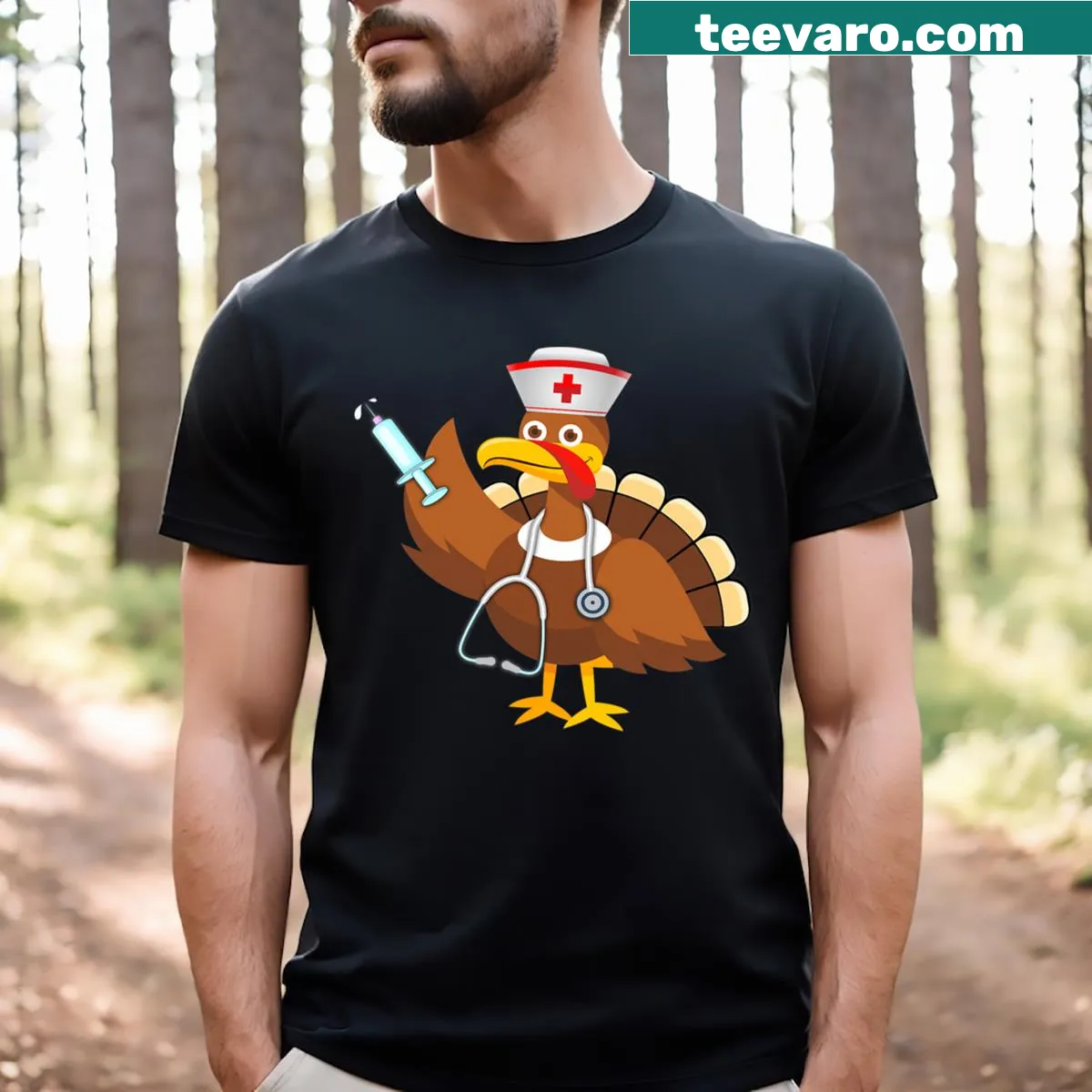 Thanksgiving scrub top featuring turkey and stethoscope design for nurses — on a men's t-shirt