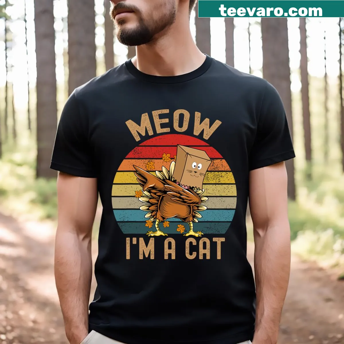 Funny Thanksgiving T-shirt with cartoon turkey 'Purrkey' design for all ages — on a men's t-shirt