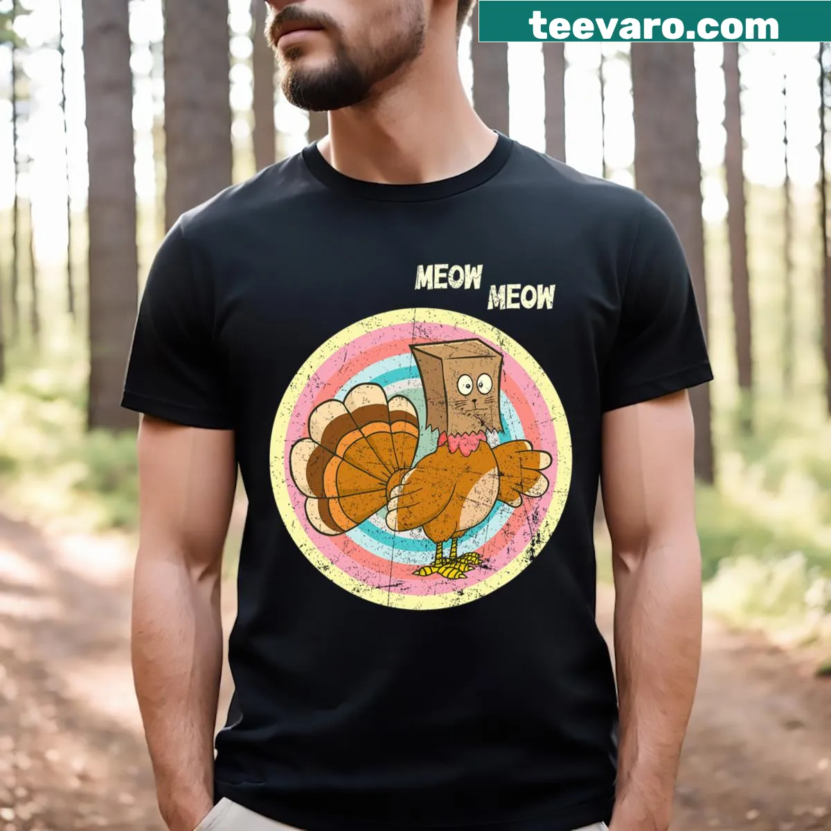 Funny Thanksgiving T-shirt with cartoon turkey-cat design for kids and men — on a men's t-shirt