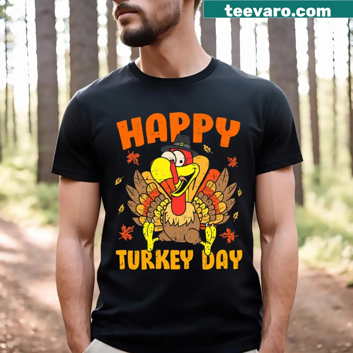 Illustrated cheerful turkey design for Thanksgiving — on a men's t-shirt
