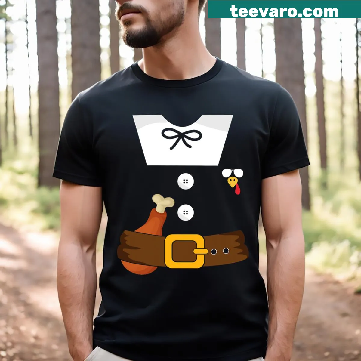 Turkey dressed as a pilgrim graphic on Thanksgiving T-shirt — on a men's t-shirt