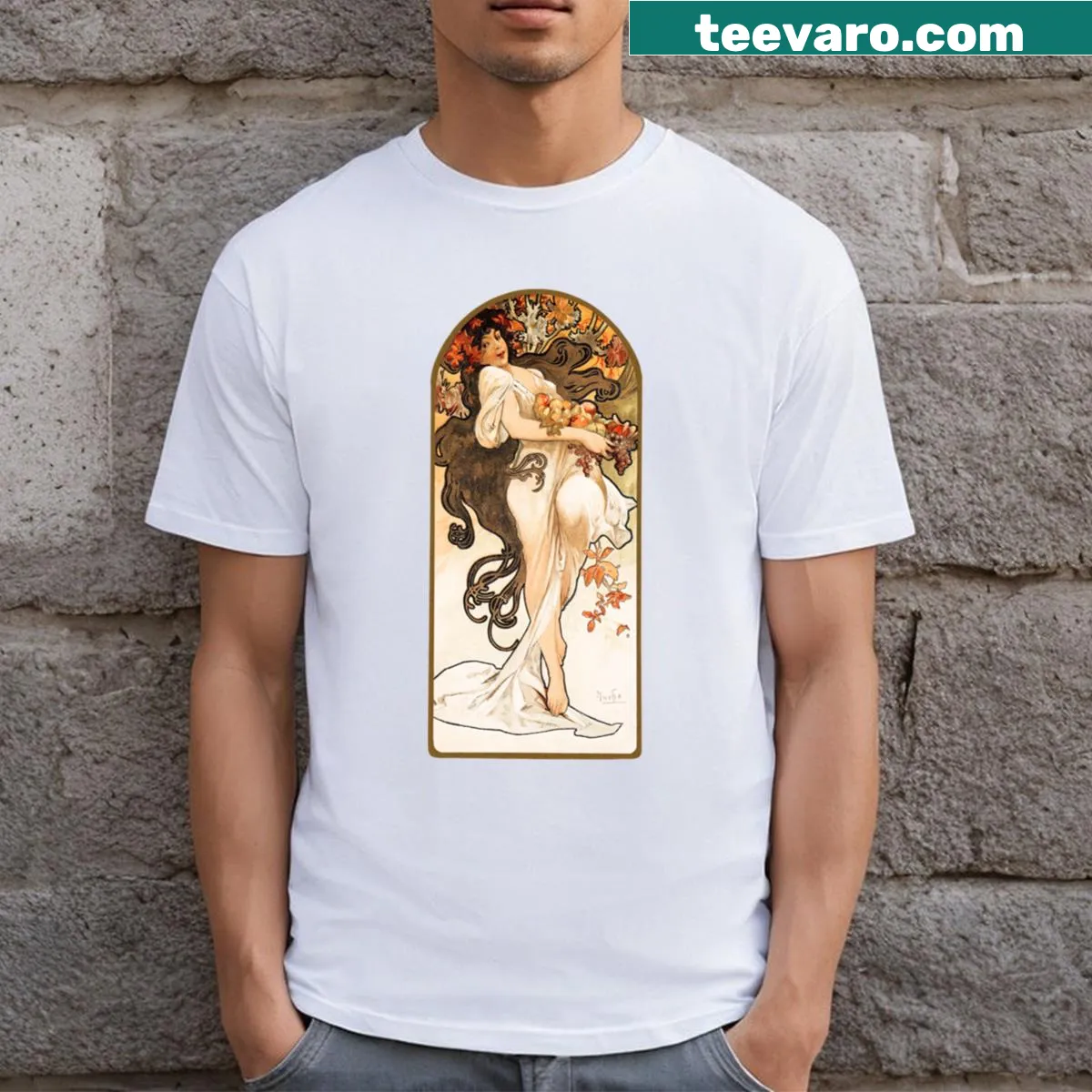 Vintage girl print t-shirt inspired by Alphonse Mucha's artwork — on a men's t-shirt