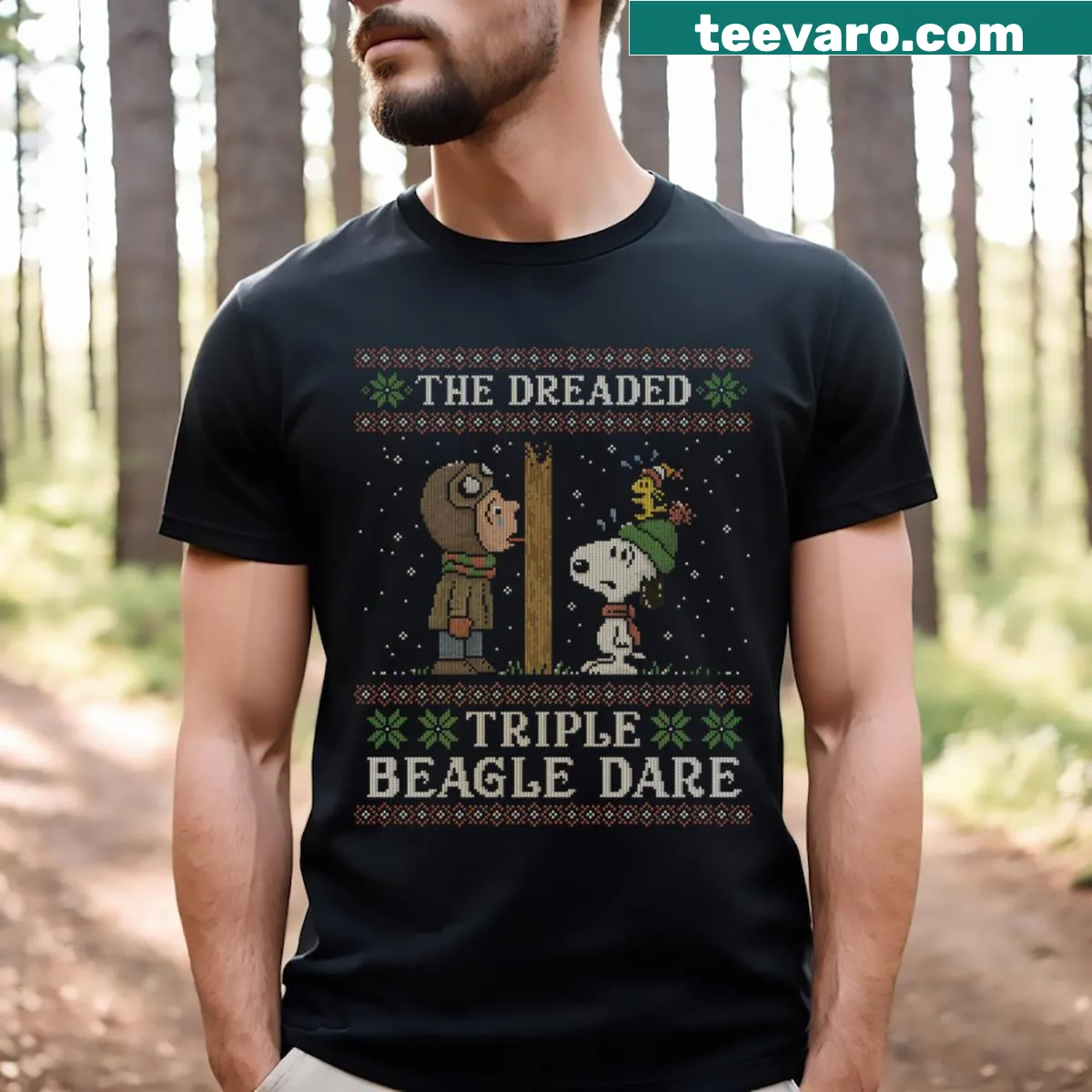Funny t-shirt with 'Triple Beagle Dare' text design — on a men's t-shirt