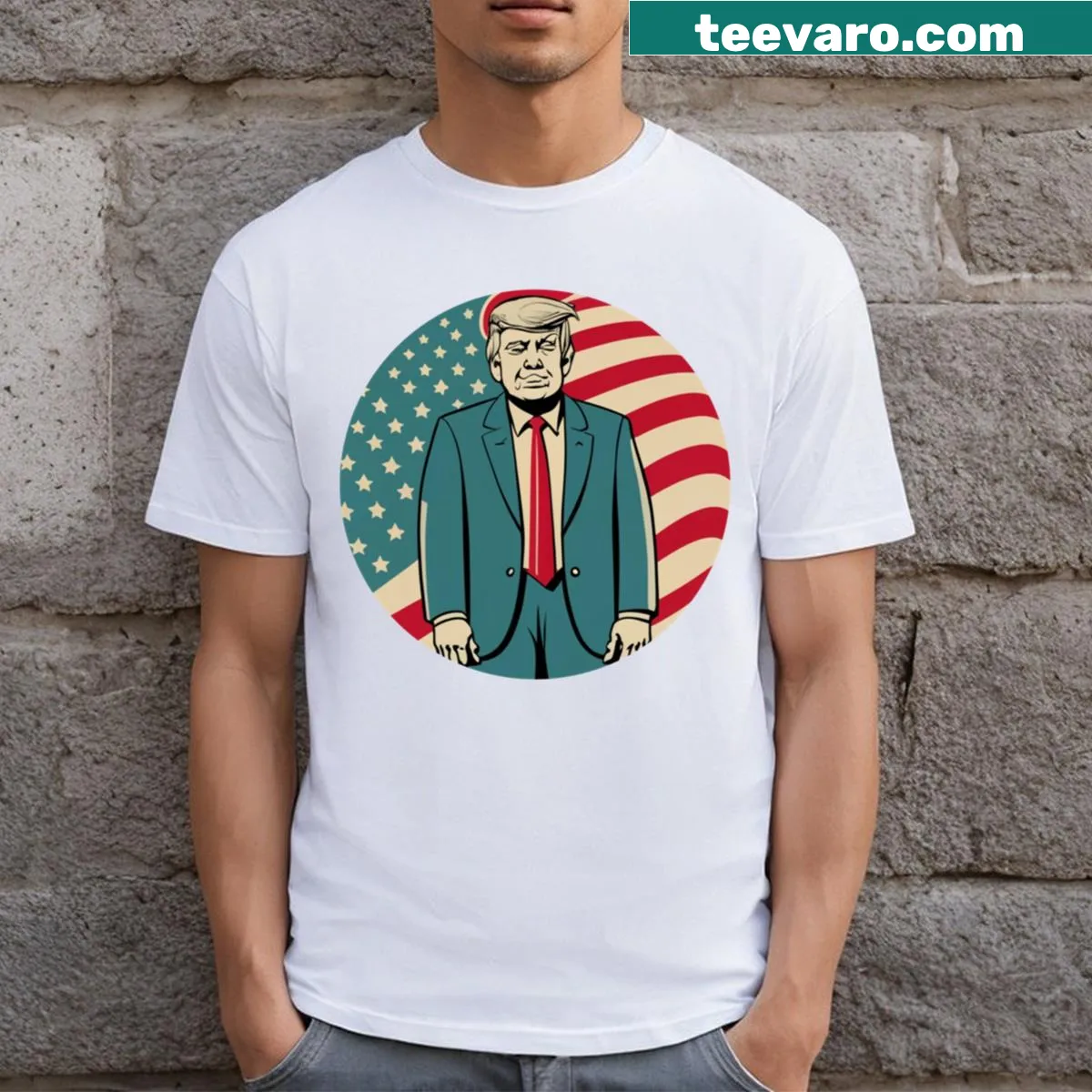 Retro design of Trump in front of the American flag on a t-shirt — on a men's t-shirt