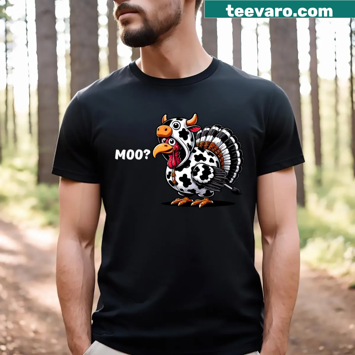 Funny Thanksgiving T-shirt with turkey and 'Turkey Moo' text — on a men's t-shirt