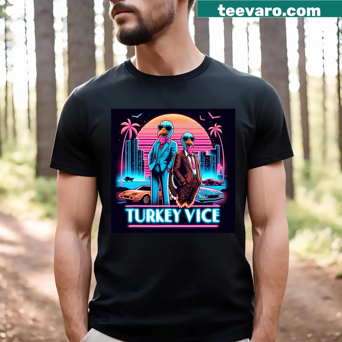 Funny Thanksgiving T-shirt with 'Turkey Vice' graphic — on a men's t-shirt
