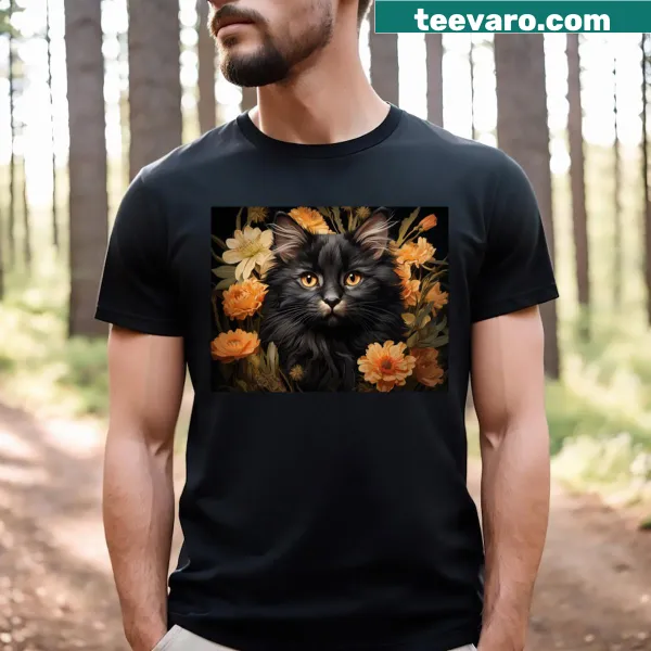 Vintage-style T-shirt featuring a black cat with floral design