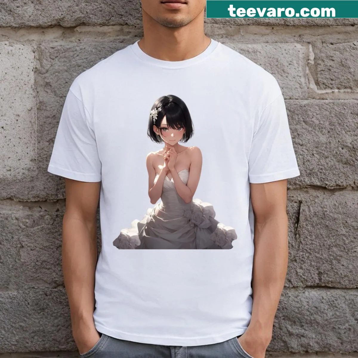 Whimsical T-shirt with a girl in a cute wedding dress illustration — on a men's t-shirt