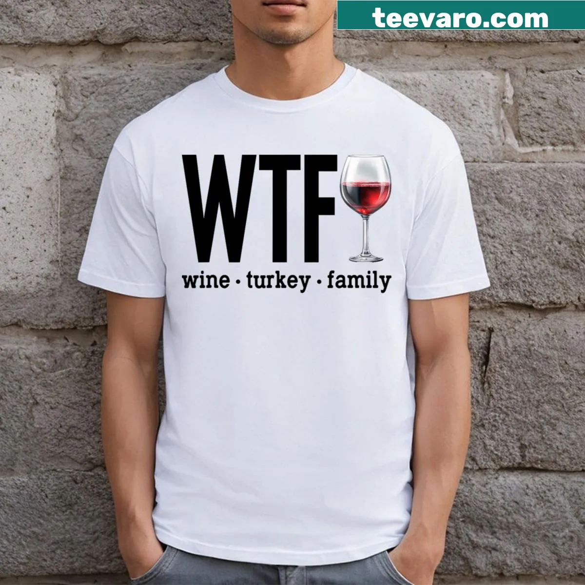 Funny Thanksgiving t-shirt with 'Wtf Wine Turkey' graphic. — on a men's t-shirt