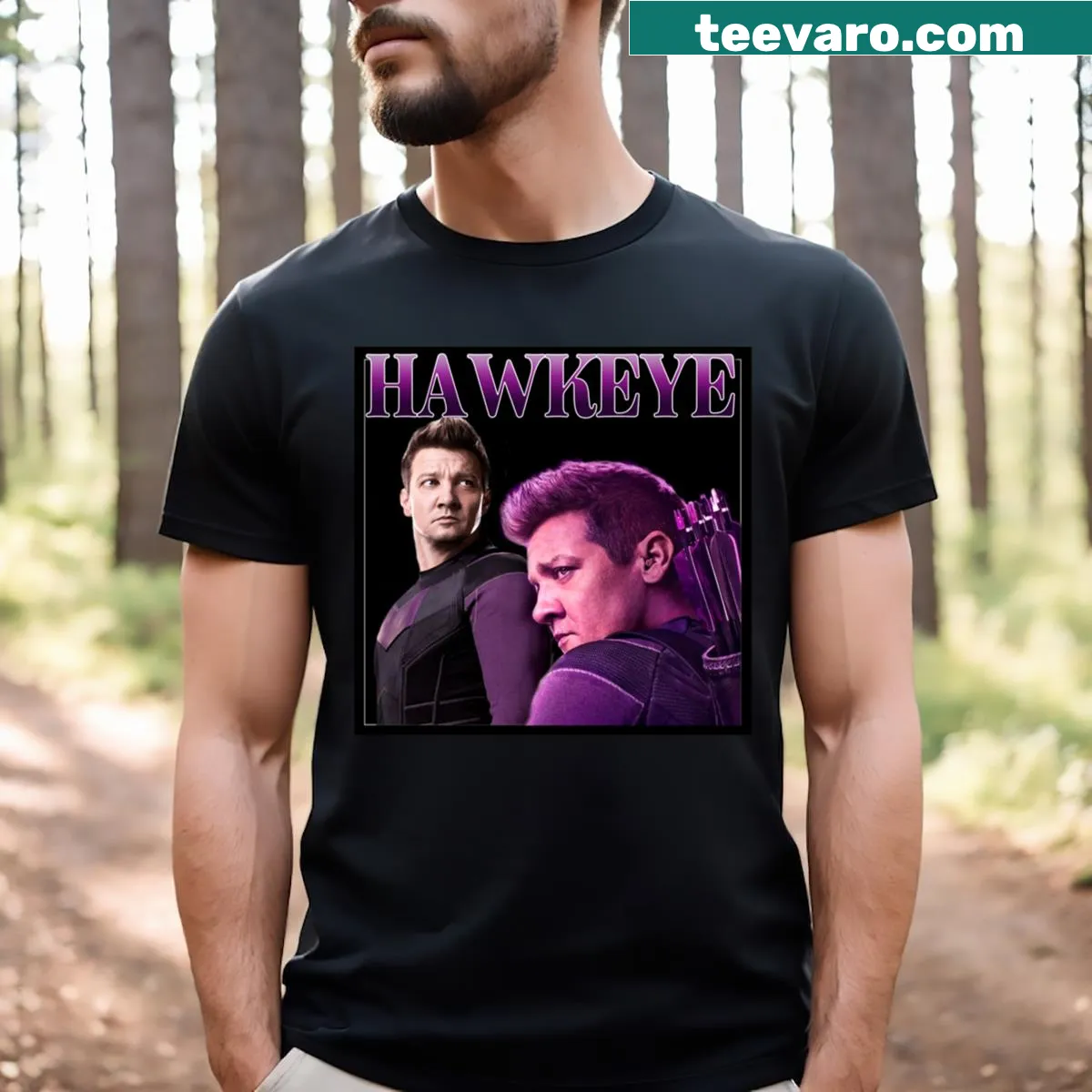 Y2k inspired Hawkeye graphic t-shirt design. — on a men's t-shirt