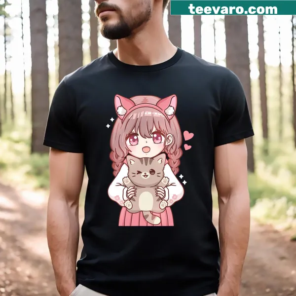 Kawaii t-shirt featuring an anime girl with a cat illustration