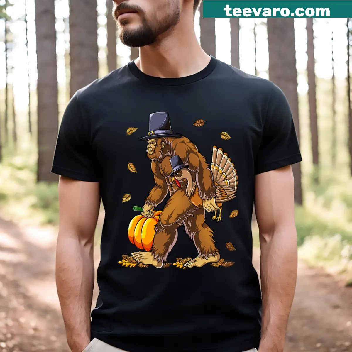 Thanksgiving T-shirt with Bigfoot as a pilgrim and turkey — on a men's t-shirt