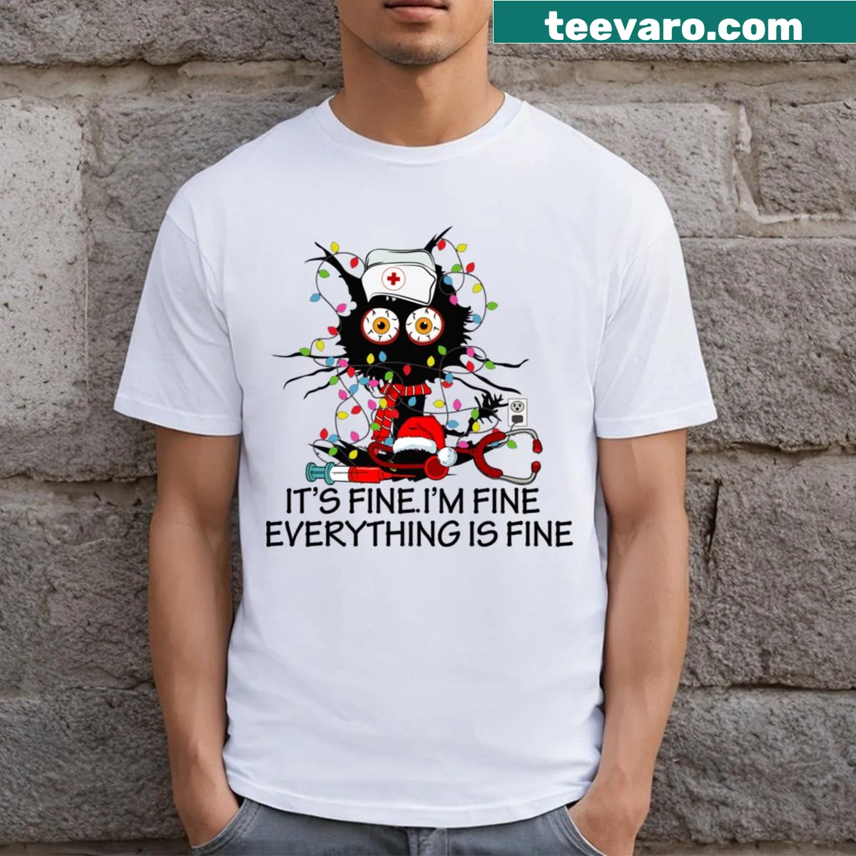 Humorous Christmas T-shirt for nurses featuring a black cat — on a men's t-shirt