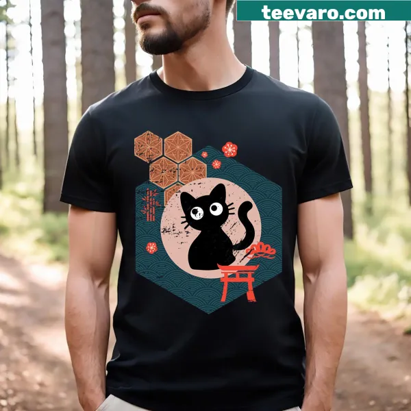 Illustration of a playful black kitten on an anime-inspired T-shirt