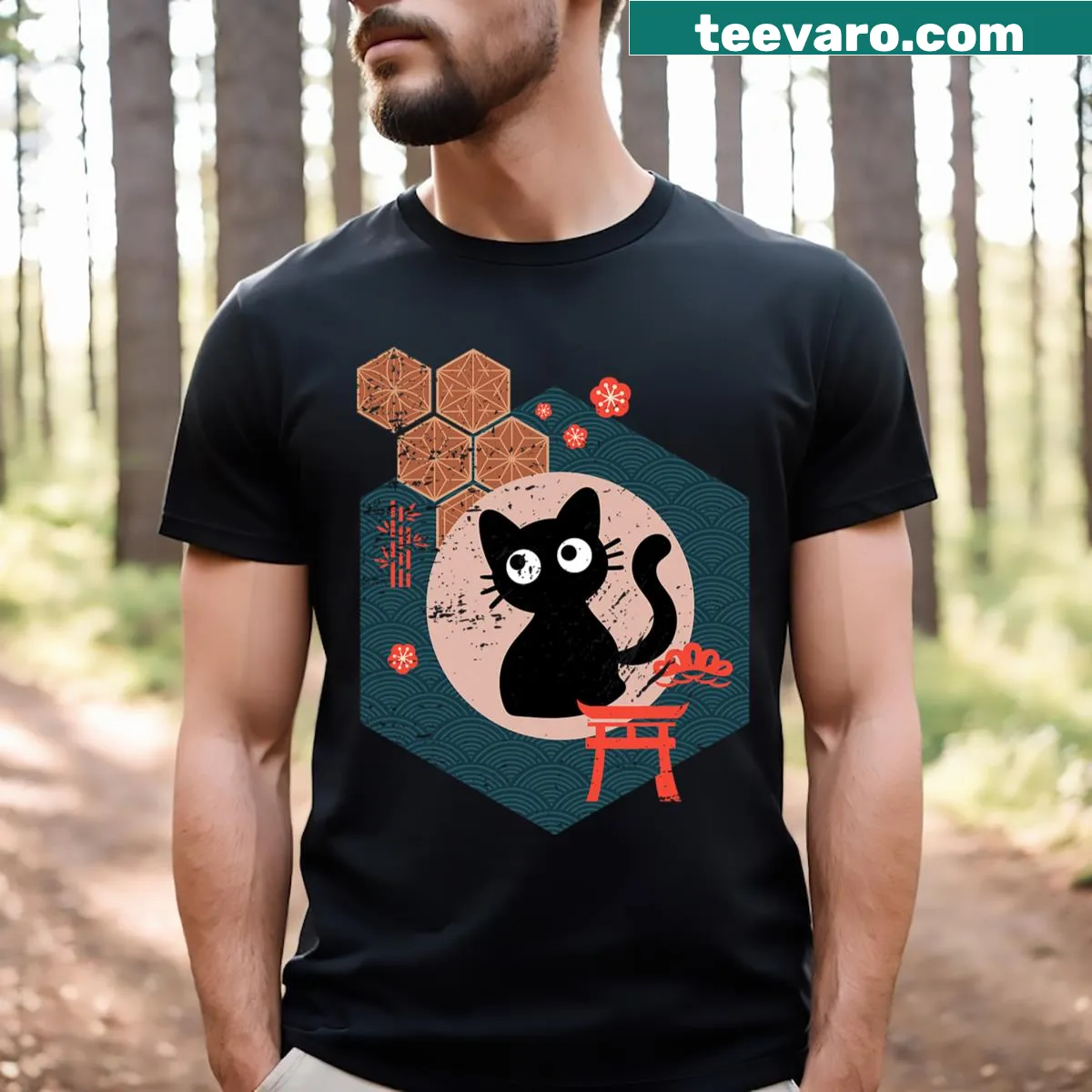Illustration of a playful black kitten on an anime-inspired T-shirt — on a men's t-shirt