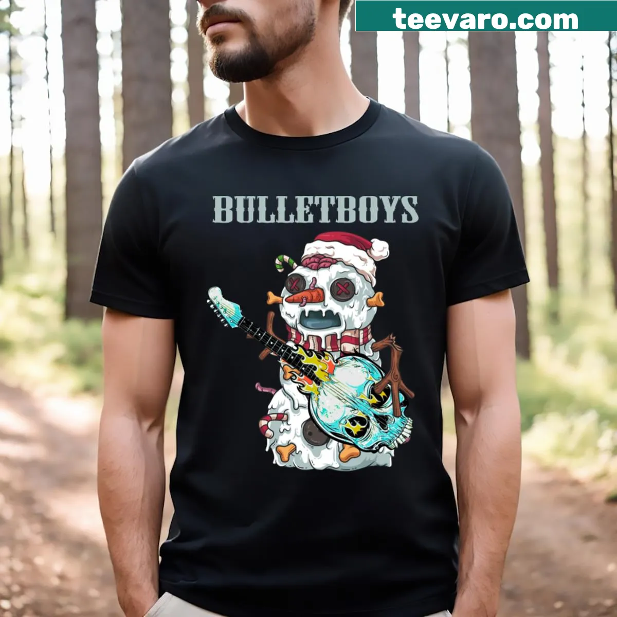 Funny holiday-themed Bulletboys band t-shirt with festive design — on a men's t-shirt