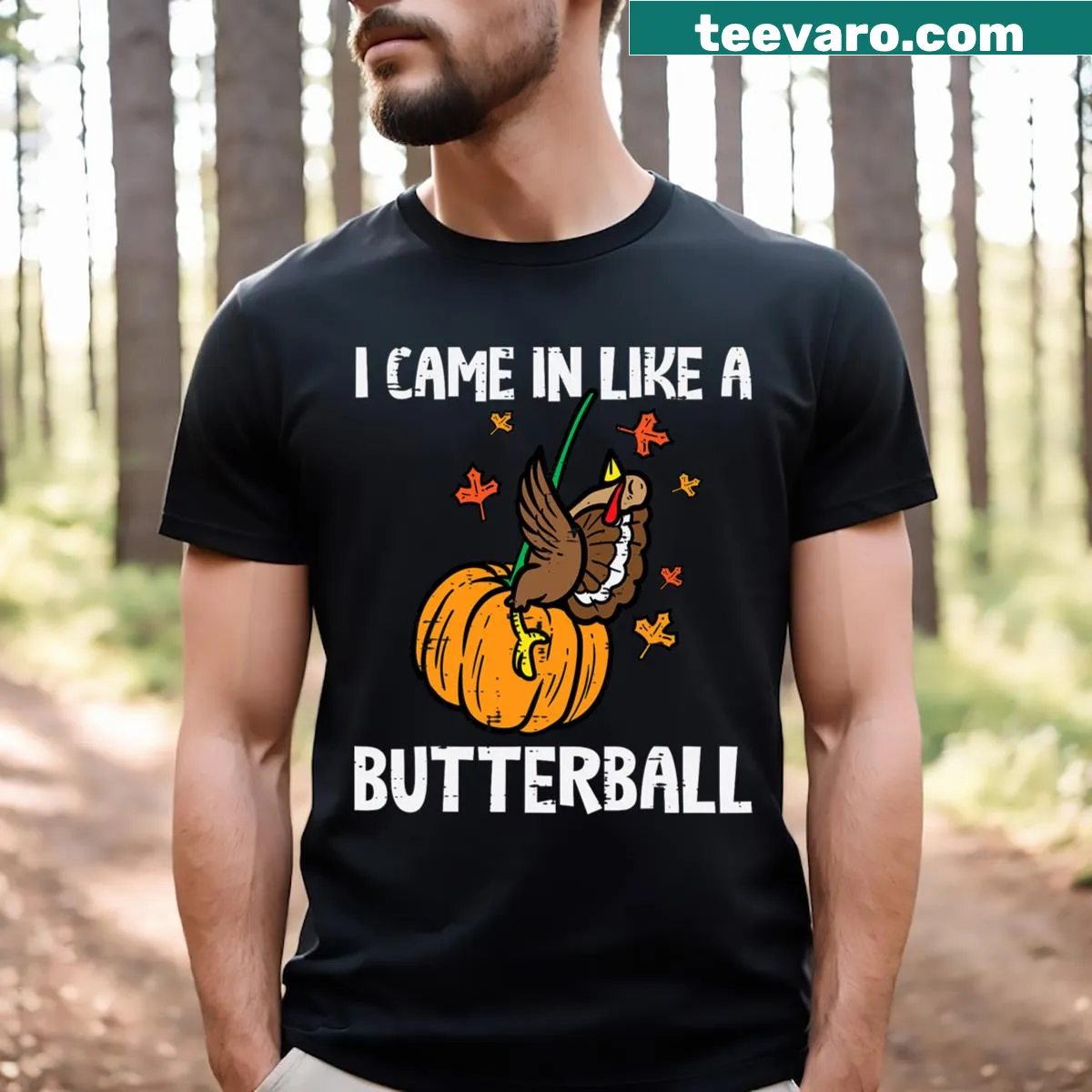 Humorous Thanksgiving-themed t-shirt with playful text — on a men's t-shirt