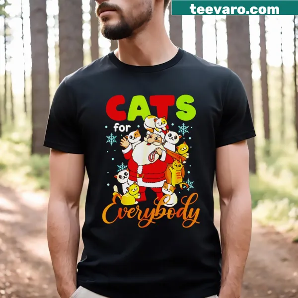 Illustrated Christmas cats dressed as Santa on a festive t-shirt