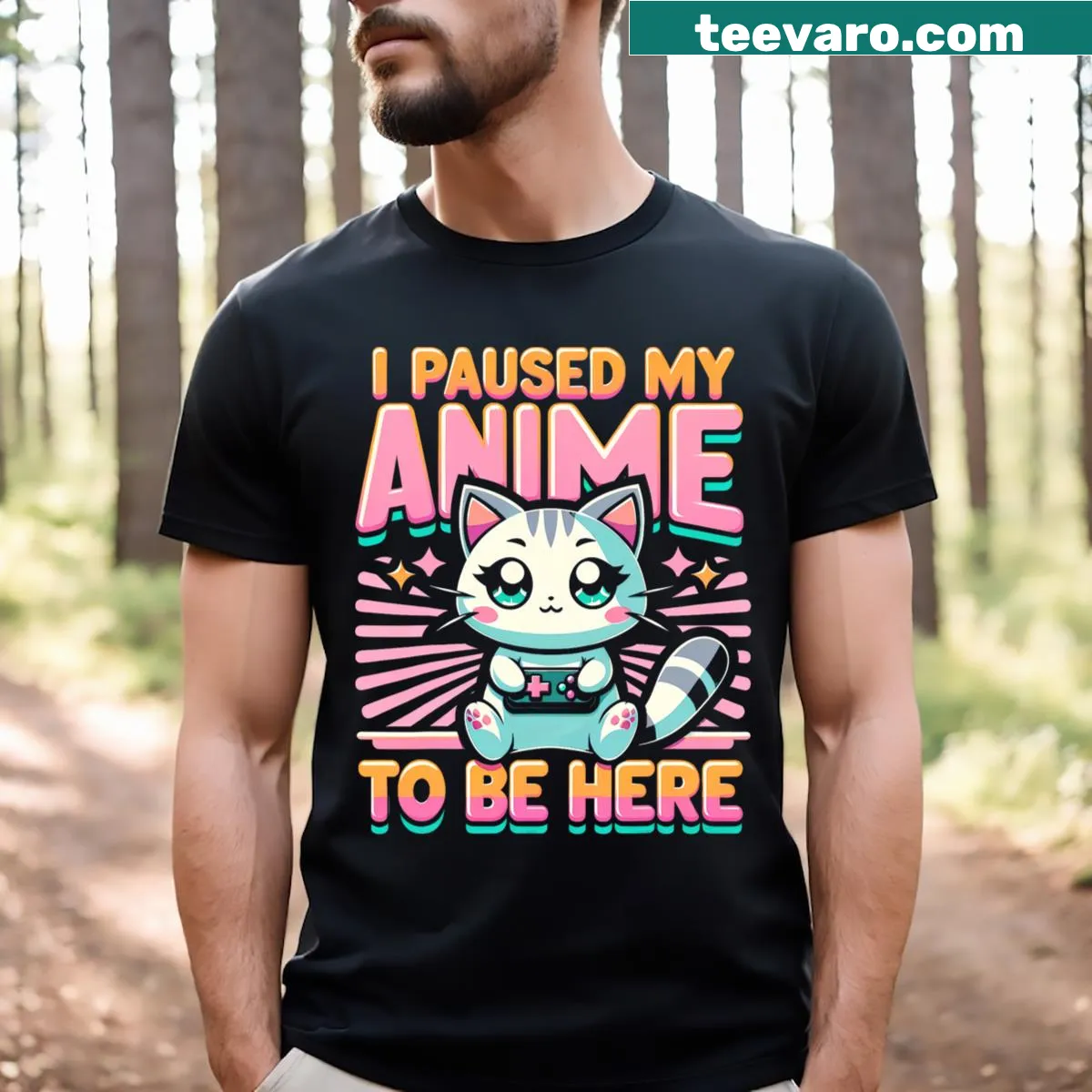 Cute anime cat t-shirt with the phrase I Paused My Anime — on a men's t-shirt