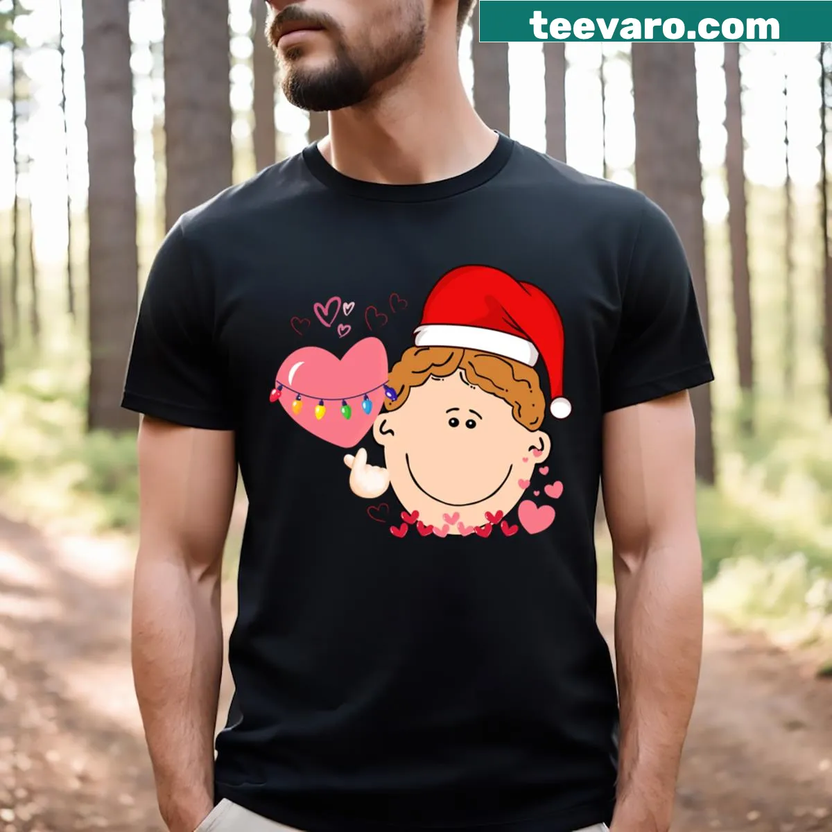 Adorable Christmas-themed t-shirt for kids featuring a cheerful boy — on a men's t-shirt