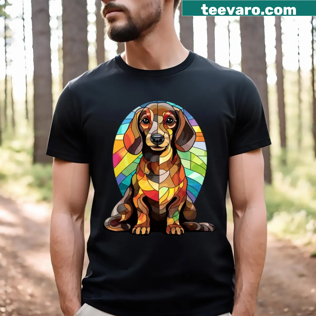 Dachshund stained glass art design t-shirt for dog lovers — on a men's t-shirt
