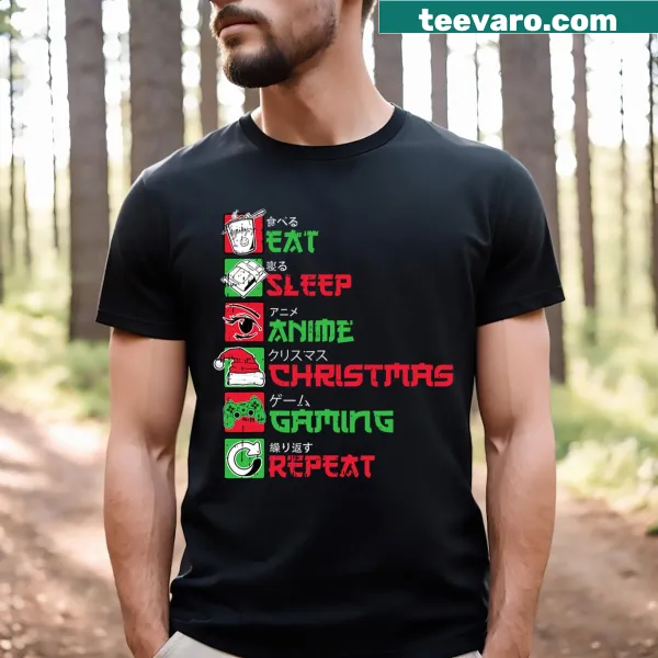 Humorous gamer t-shirt with 'Eat Sleep Anime Gaming' design