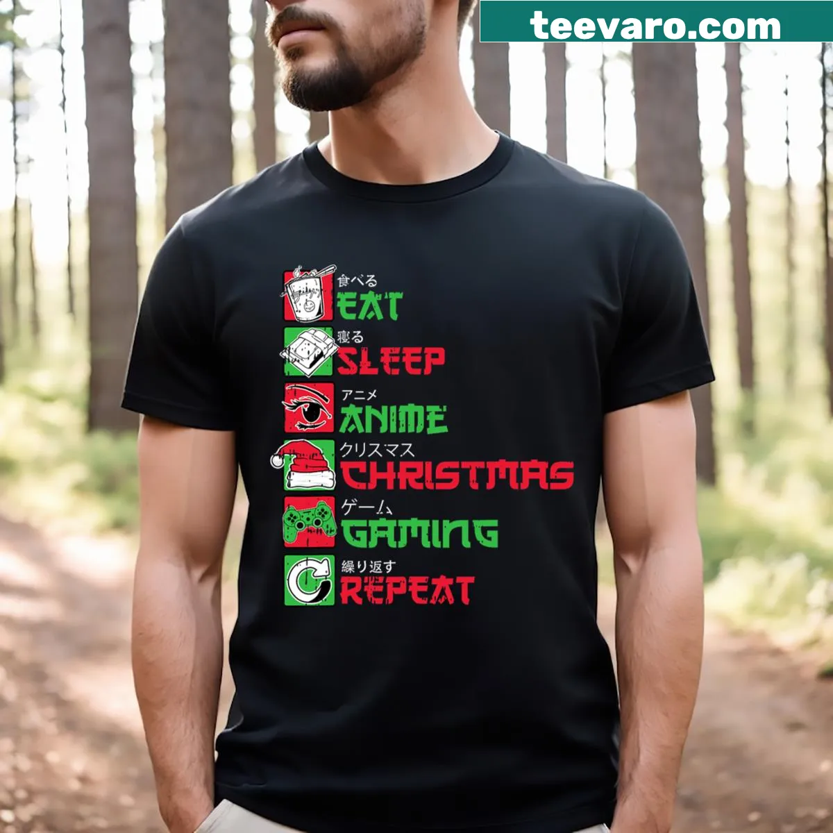 Humorous gamer t-shirt with 'Eat Sleep Anime Gaming' design — on a men's t-shirt