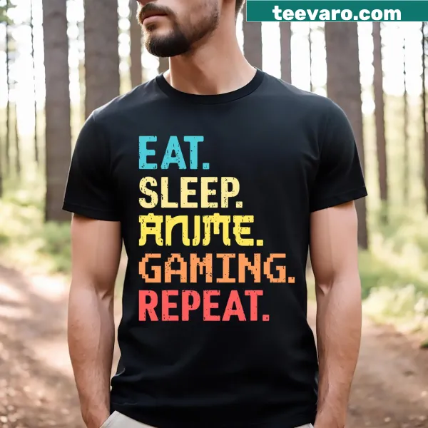 Funny gamer t-shirt with 'Eat Sleep Anime Gaming Repeat' design