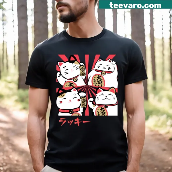 T-shirt featuring four cute fortune cats illustration
