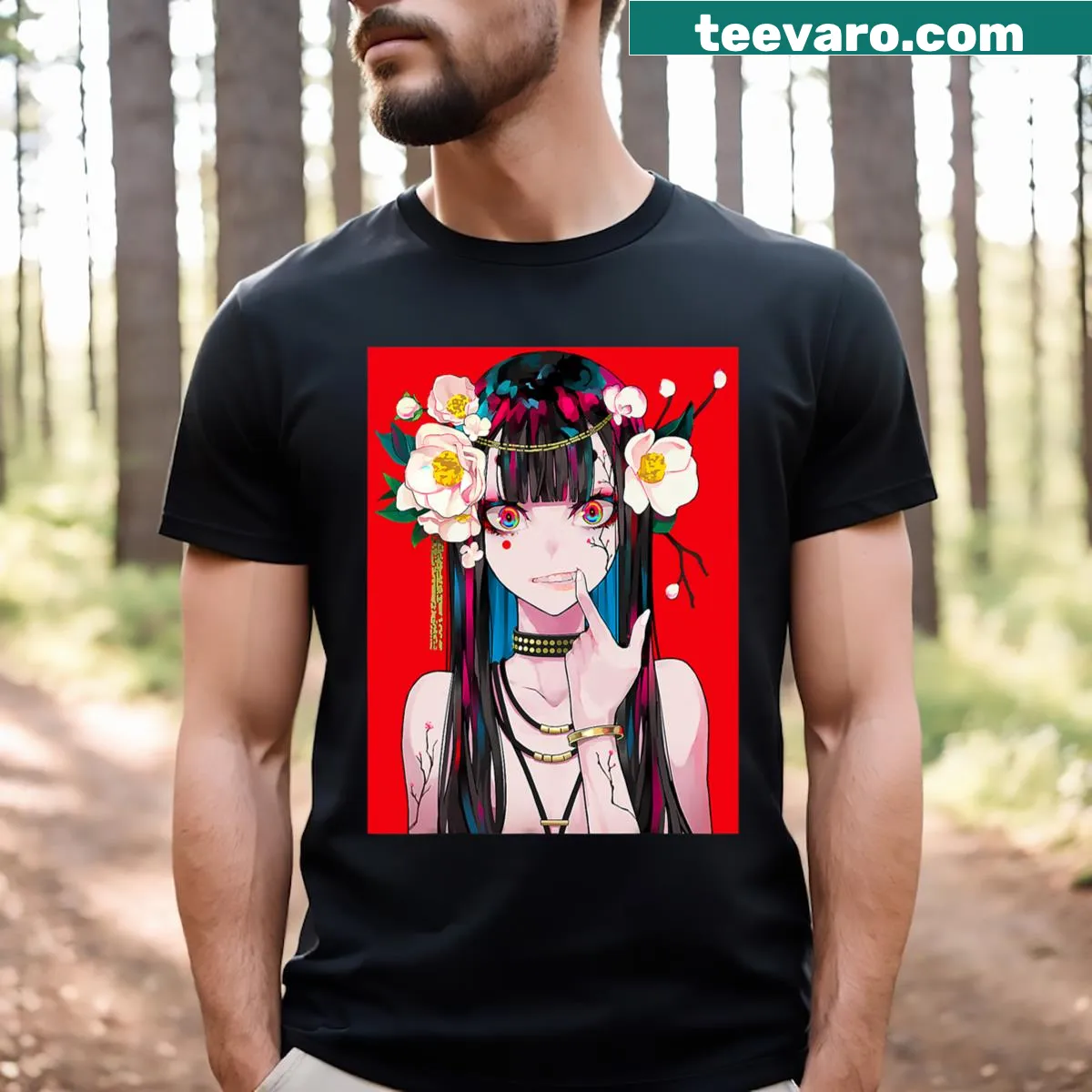 Cute anime girl waifu graphic t-shirt — on a men's t-shirt