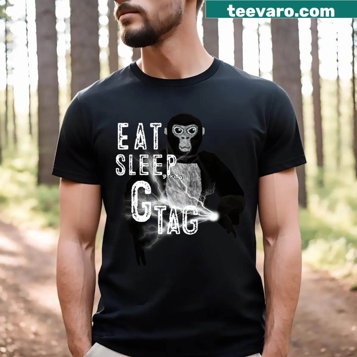 Funny gorilla-themed gaming t-shirt with eat sleep repeat text — on a men's t-shirt