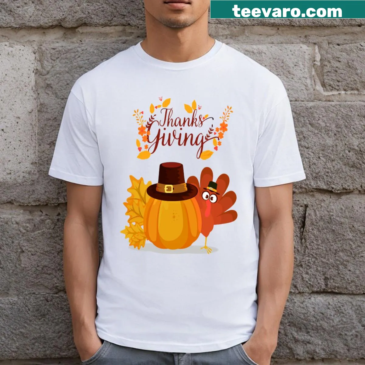 Thanksgiving T-shirt with a cheerful message in bold typography — on a men's t-shirt