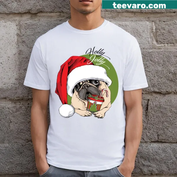 Christmas T-shirt featuring a festive, adorable pug