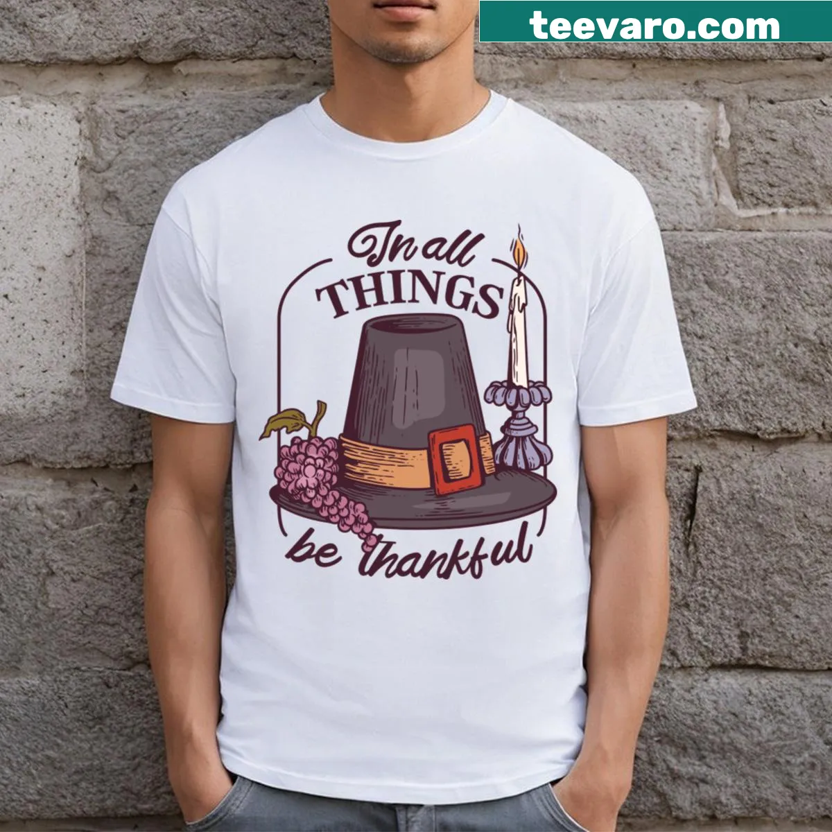 T-shirt featuring the quote 'In All Things Be Thankful'. — on a men's t-shirt