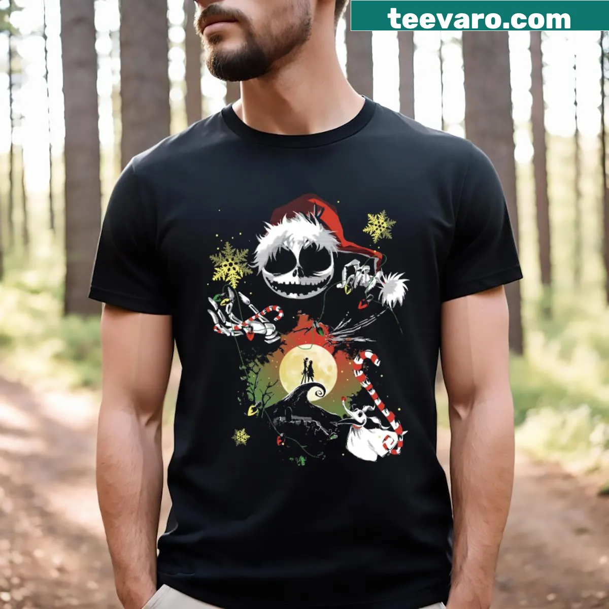Christmas-themed shirt featuring a whimsical Jack illustration. — on a men's t-shirt