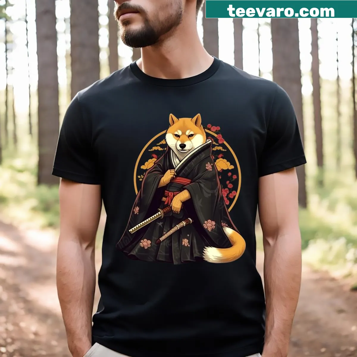 Shiba Inu cartoon shirt with katana — on a men's t-shirt
