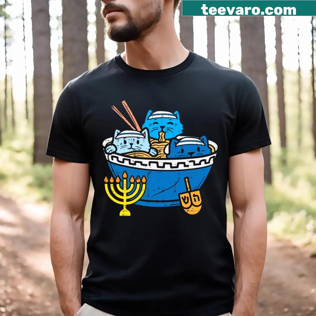 Cute illustration of kittens with ramen for Hanukkah theme — on a men's t-shirt