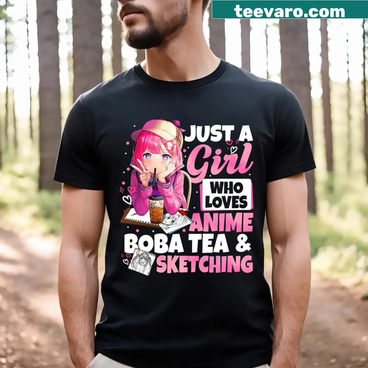 Illustration of boba tea, anime, and sketching on T-shirt — on a men's t-shirt