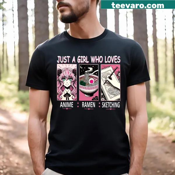Illustration of ramen, anime, and sketching on T-shirt